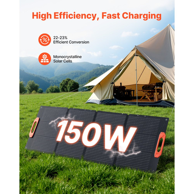 Πτυσσόμενο μονοκρυσταλλικό ηλιακό πάνελ VEVOR 150W, φορητός φορτιστής μονοκρυσταλλικού ηλιακού πάνελ ETFE απόδοσης 23% με έξοδο MC4, Type-C, θύρες USB και DC QC3.0, IP67 αδιάβροχο για σταθμούς παραγωγής ενέργειας, κατασκήνωση, πεζοπορία