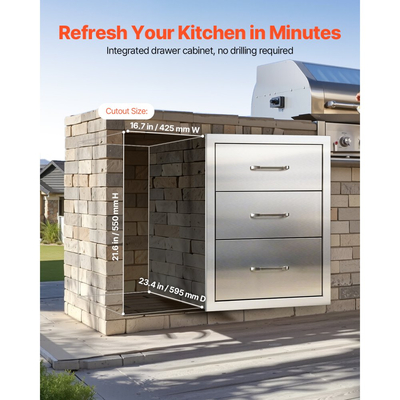 Συρτάρια εξωτερικού χώρου κουζίνας VEVOR 18,11"Π x 23,23"Β x 23,23"Υ, Συρτάρια BBQ από ανοξείδωτο ατσάλι τριπλής πρόσβασης με λαβές, Συρτάρι νησίδας BBQ για εξωτερικές κουζίνες ή σταθμός ψησταριάς εξωτερικού χώρου σε νησίδα μπάρμπεκιου