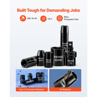 Σετ καρυδάκια κρούσης VEVOR 1/2 ίντσας με κίνηση, 39 τεμάχια, βαθιά και ρηχά καρυδάκια κρούσης 6 σημείων, μετρικά 9 έως 30 mm, χάλυβας Cr-V υψηλής αντοχής, με γενική άρθρωση, σημάνσεις διπλού μεγέθους, θήκη μεταφοράς βαρέως τύπου