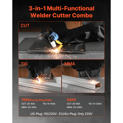 Συνδυασμός κοπής πλάσματος VEVOR 3 σε 1 - CUT/TIG/MMA, μηχανή κοπής πλάσματος 50A & συγκολλητής TIG 200A, ψηφιακή οθόνη LED με λειτουργία 2T/4T/PA/PT για επισκευές στο σπίτι, εργαστήρια, 220V