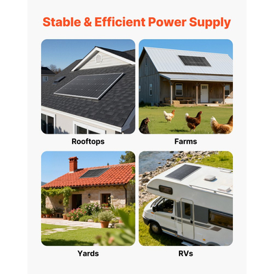 VEVOR 4 τεμάχια μονοκρυσταλλικά ηλιακά πάνελ 100W, μονοφωνικό φωτοβολταϊκό πλαίσιο υψηλής απόδοσης 23% με σταθερή έξοδο MC4 και πλαίσιο αλουμινίου, αδιάβροχο ηλιακό πάνελ IP65 για εφαρμογές επίπεδης στέγης αυτοκινήτου, σκάφους, τροχόσπιτου, εκτός δικτύου