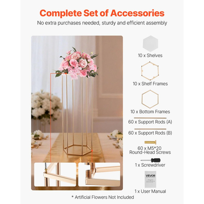 Βάση Λουλουδιών Γάμου VEVOR, 10 τεμάχια βάση λουλουδιών σε στήλη 80cm, Βάσεις Λουλουδιών με Ακρυλικό Laminate, Εξαγωνική κυβική βάση επίδειξης λουλουδιών για γάμο, πάρτι, γενέθλια, σπίτι, Χρυσές βάσεις κεντρικών τεμαχίων