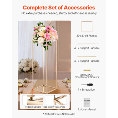Βάση Λουλουδιών Γάμου VEVOR, 10 τεμάχια βάση λουλουδιών σε στήλη 80cm, Βάσεις Λουλουδιών με Κρυφή Βίδα, Ορθογώνια Κυβική Ράφι Ανθοπωλείου για Γάμο, Πάρτι, Γενέθλια, Σπίτι, Χρυσές Βάσεις Κεντρικών Τεμαχίων