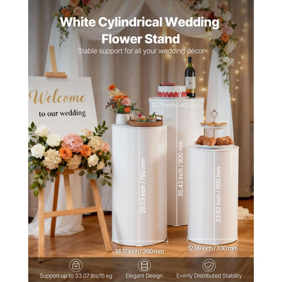 Βάση Λουλουδιών Γάμου VEVOR, 3 τεμάχια στρογγυλή κυλινδρική βάση 60/75/90cm, λευκή βάση στήριξης με καπάκι PVC, κυλινδρικές βάσεις στήριξης για γάμο, πάρτι, γενέθλια, διακόσμηση τέχνης, φορτίο 15kg
