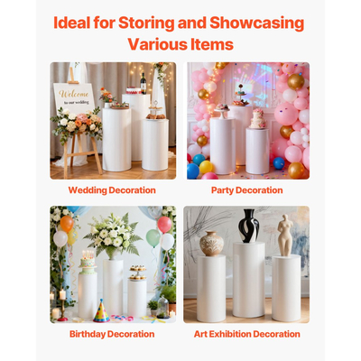 Βάση Λουλουδιών Γάμου VEVOR, 3 τεμάχια στρογγυλή κυλινδρική βάση 60/75/90cm, λευκή βάση στήριξης με καπάκι PVC, κυλινδρικές βάσεις στήριξης για γάμο, πάρτι, γενέθλια, διακόσμηση τέχνης, φορτίο 15kg