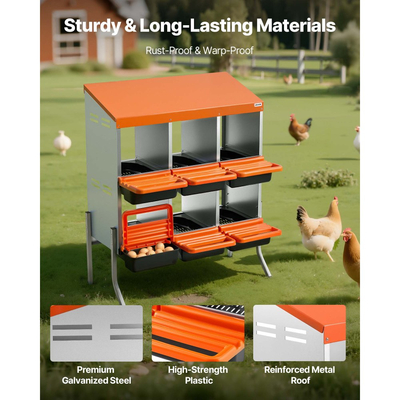 VEVOR Κουτιά φωλιάς για κοτόπουλα, 6 διαμερίσματα, με πόδια στήριξης, εύκολη συλλογή αυγών, γαλβανισμένο ατσάλι και πλαστικό υψηλής αντοχής, ρολαρισμένα κουτιά φωλιάς για κοτόπουλα και κότες που γεννούν αυγά, πορτοκαλί