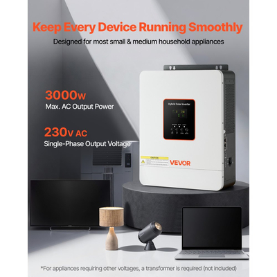 Υβριδικός Ηλιακός Μετατροπέας VEVOR 3000W, 24V DC έως 230V AC, Φορτιστής Μετατροπέα Ισχύος Καθαρού Ημιτόνου, Ενσωματωμένος Ηλιακός Ελεγκτής MPPT 80A, Συμβατός με Μπαταρία Λιθίου Μολύβδου-Οξέος, Για Σπίτι, Τροχόσπιτο, Αυτόνομο Δίκτυο