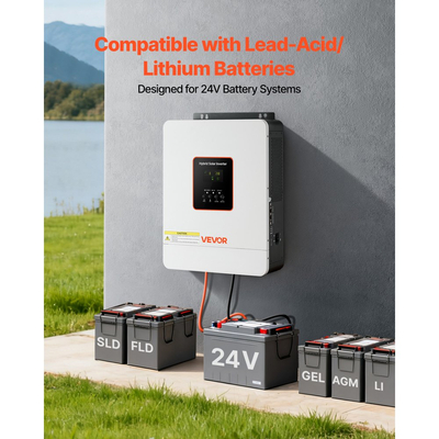 Υβριδικός Ηλιακός Μετατροπέας VEVOR 3000W, 24V DC έως 230V AC, Φορτιστής Μετατροπέα Ισχύος Καθαρού Ημιτόνου, Ενσωματωμένος Ηλιακός Ελεγκτής MPPT 80A, Συμβατός με Μπαταρία Λιθίου Μολύβδου-Οξέος, Για Σπίτι, Τροχόσπιτο, Αυτόνομο Δίκτυο