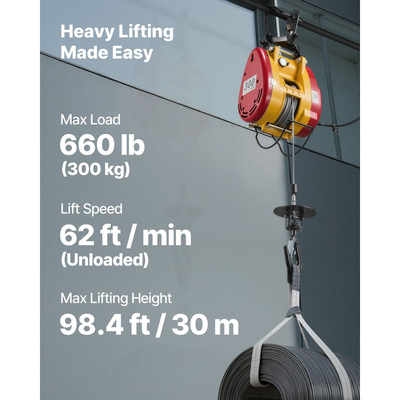 Ηλεκτρικό βαρούλκο ανύψωσης VEVOR 2 σε 1, χωρητικότητας 300 kg, φορητός γερανός με βαρούλκο 1500W, ύψος ανύψωσης 30 m, 18,9 m/min με ενσύρματο και ασύρματο τηλεχειριστήριο για εργοστάσιο, αποθήκη, γκαράζ