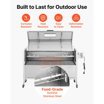 Ψησταριά VEVOR, Σούβλα για χοιρινό και αρνί 38W BBQ εξωτερικού χώρου, Ψησταριά για σούβλα κάρβουνου με χωρητικότητα 60 kg, ρόδες και ύψος 4 επιπέδων, Κιτ ηλεκτρικής σούβλας από ανοξείδωτο ατσάλι για κάμπινγκ εξωτερικού χώρου