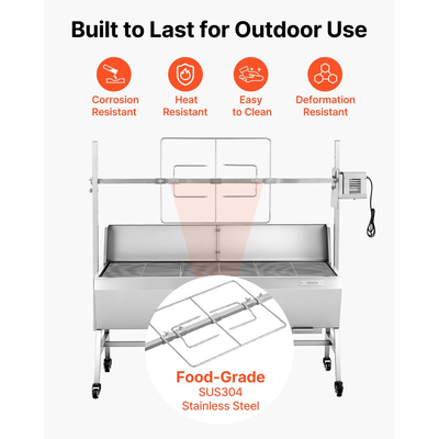 Ψησταριά VEVOR, Σούβλα για χοιρινό και αρνί 38W BBQ εξωτερικού χώρου, Ψησταριά για σούβλα κάρβουνου με χωρητικότητα 60 kg, ρόδες και ύψος 4 επιπέδων, Κιτ ηλεκτρικής σούβλας από ανοξείδωτο ατσάλι για κάμπινγκ εξωτερικού χώρου