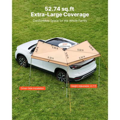 Τέντα VEVOR 270 μοιρών, τέντα οχήματος 4,9 ㎡ από την πλευρά του οδηγού, αδιάβροχες τέντες αυτοκινήτου UV50+ με τσάντα μεταφοράς, τέντες εδάφους παντός καιρού, στέγαστρο αυτοκινήτου για SUV, βαν, φορτηγό, κάμπινγκ