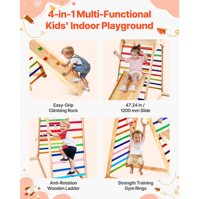VEVOR Εσωτερική Παιδική Χαρά Jungle Gym, Ξύλινο Σετ Εσωτερικής Παιδικής Χαράς 4 σε 1 με Αναρρίχηση, Τσουλήθρα, Ξύλινη Σκάλα & Δακτυλίδια Γυμναστικής, Παιχνίδια Αναρρίχησης Παιδικής Χαράς σε Στυλ Montessori για Αγόρια Κορίτσια, 100KG