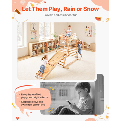 VEVOR Εσωτερική Παιδική Χαρά Ζούγκλας, Ξύλινα Παιχνίδια Αναρρίχησης Εσωτερικής Παιδικής Χαράς 4 σε 1 για Παιδιά, Σετ Αναρρίχησης για Νήπια Montessori με Αναρριχητικό Βράχο, Τσουλήθρα, Ξύλινη Σκάλα & Δαχτυλίδια Γυμναστικής, Φόρτωση 100KG