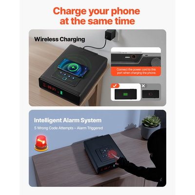 Θυρίδα ασφαλείας πιστολιού VEVOR, Θυρίδα ασφαλείας πιστολιού με δακτυλικό αποτύπωμα/κωδικό πρόσβασης/κλειδί, συρτάρι θήκης πυροβόλου όπλου 3 κατευθύνσεων γρήγορης πρόσβασης με οθόνη για 2 πιστόλια και γεμιστήρες, ασύρματη φόρτιση, για γραφείο ή κομοδίνο