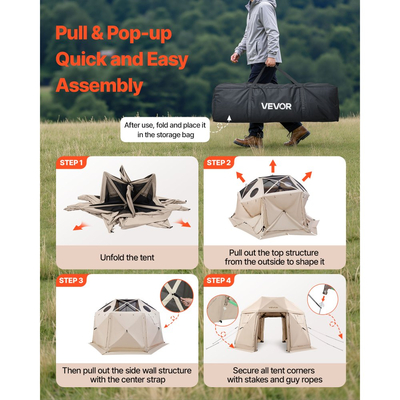 Σκηνή VEVOR με Αναδιπλούμενο Σήμα για Κιόσκι, 3,6x3,6 μ., Σφαιρική Σκηνή Κάμπινγκ 13 Όψεων με Αφαιρούμενη Επιφάνεια & Τσάντα Μεταφοράς, Γρήγορης Τοποθέτησης & Ανθεκτική στα Δαγκώματα, Σήμα για Σκίαστρο για 8-10 Άτομα, Μπεζ
