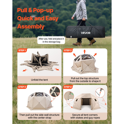 Σκηνή VEVOR με Αναδιπλούμενο Σήμα για Κιόσκι, 4,57 x 4,57 μ., Σφαιρική Σκηνή Κάμπινγκ 13 Όψεων με Αφαιρούμενη Επιφάνεια & Τσάντα Μεταφοράς, Γρήγορης Τοποθέτησης & Ανθεκτική στα Δαγκώματα, Σήμα για Σκίαστρο για 12-15 Άτομα, Μπεζ