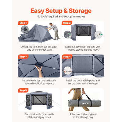 Σκηνή VEVOR με Αναδιπλούμενο Κιόσκι, Μεγάλη Σκηνή Κάμπινγκ 6 Όψεων 3,6 x 3,6 μ. με Αφαιρούμενη Επιφάνεια & Τσάντα Μεταφοράς, Γρήγορης Τοποθέτησης & Ανθεκτική στα Δαγκώματα, Σκίαστρο για 8-10 Άτομα στην Αυλή, Γκρι