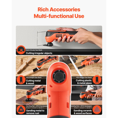 Ασύρματο παλινδρομικό εργαλείο VEVOR, πολυεργαλείο 12V παλινδρομικό πριόνι με 6 μεταβλητές ταχύτητες 6000 - 17500 OPM, γωνία ταλάντωσης 3,2°, μπαταρία 2,0Ah και φορτιστής, 8 τεμάχια αξεσουάρ πριονιού και φως εργασίας LED