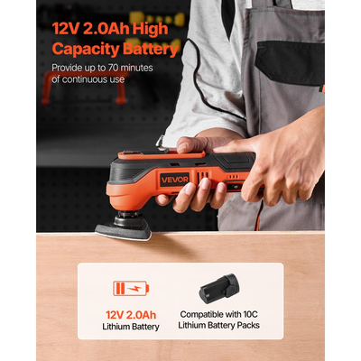 Ασύρματο παλινδρομικό εργαλείο VEVOR, πολυεργαλείο 12V παλινδρομικό πριόνι με 6 μεταβλητές ταχύτητες 6000 - 17500 OPM, γωνία ταλάντωσης 3,2°, μπαταρία 2,0Ah και φορτιστής, 8 τεμάχια αξεσουάρ πριονιού και φως εργασίας LED