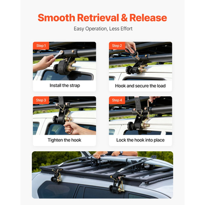 Ιμάντες καστάνιας VEVOR για σκάλες, βάση με στρογγυλό σωλήνα 47,6-50,8 mm σε μαύρο χρώμα, πλάτος 38 mm x μήκος 2,25 m, μαύροι ιμάντες σκάλας με διπλά J-Hooks, φορτίο βαρέως τύπου 226,8 kg, ιμάντας ασφάλισης με αγκράφα φορτίου (4 τεμάχια)