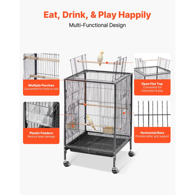 Κλουβί πουλιών VEVOR, 460 x 460 x 770 mm, Ανοιχτή επίπεδη οροφή, Κλουβί πτήσης πουλιών από σφυρήλατο σίδερο με κούρνιες, συρόμενο δίσκο και πλαστικές ταΐστρες, ροδάκια, για παπαγάλους, μπλε τίγρη, κοκατίλ, καναρίνι, παπαγαλάκια, κονούρες