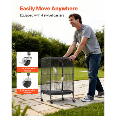 Κλουβί πουλιών VEVOR, 460 x 460 x 770 mm, Ανοιχτή επίπεδη οροφή, Κλουβί πτήσης πουλιών από σφυρήλατο σίδερο με κούρνιες, συρόμενο δίσκο και πλαστικές ταΐστρες, ροδάκια, για παπαγάλους, μπλε τίγρη, κοκατίλ, καναρίνι, παπαγαλάκια, κονούρες