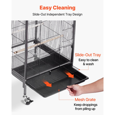Κλουβί πουλιών VEVOR, 460 x 460 x 770 mm, Ανοιχτή επίπεδη οροφή, Κλουβί πτήσης πουλιών από σφυρήλατο σίδερο με κούρνιες, συρόμενο δίσκο και πλαστικές ταΐστρες, ροδάκια, για παπαγάλους, μπλε τίγρη, κοκατίλ, καναρίνι, παπαγαλάκια, κονούρες