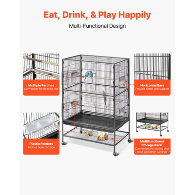 Κλουβί πουλιών VEVOR, 800 x 520 x 1320mm, επίπεδης οροφής, από σφυρήλατο σίδερο με κούρνιες, συρόμενο δίσκο και πλαστικές ταΐστρες, ροδάκια, για παπαγάλους, μπλε γογγύλια, κοκατίλ, καναρίνια και παπαγάλους μοναχούς