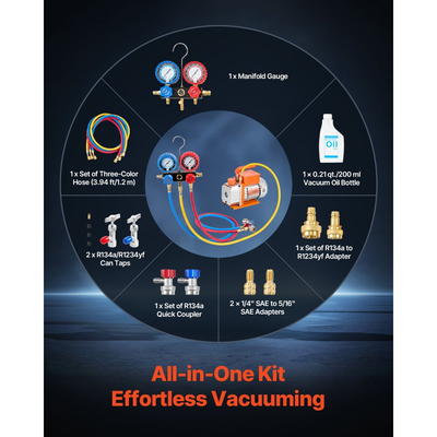Σετ αντλίας κενού και μετρητή VEVOR AC, 3,5 CFM 99 L/min, Μονοβάθμια αντλία κενού με περιστροφικό πτερύγιο HVAC, Κιτ μετρητή πολλαπλής μέτρησης A/C, για R134a R22 R410a R1234YF R32, με τσάντα μεταφοράς, για αυτόματο κλιματισμό HVAC