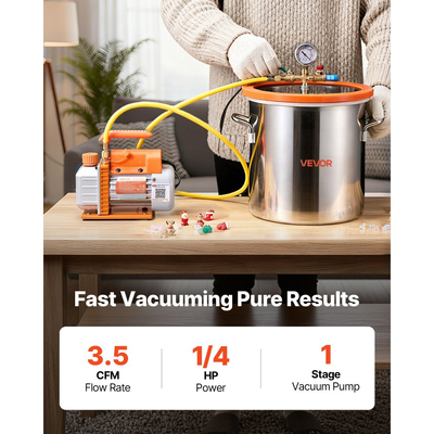 Θάλαμος κενού VEVOR 18,93 L με αντλία, 3,5 CFM 99 L/min, Μονοβάθμια αντλία κενού, Κιτ θαλάμου απαέρωσης από ανοξείδωτο χάλυβα, Καπάκι από σκληρυμένο γυαλί, Σωλήνας 1,5 m, για σταθεροποίηση ξύλου με ρητίνη σιλικόνης για απαέρωση
