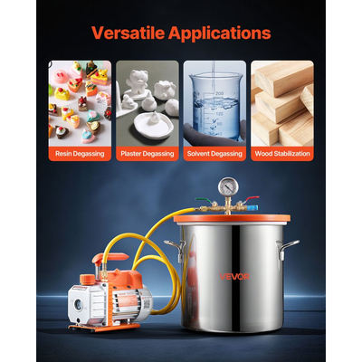 Θάλαμος κενού VEVOR 18,93 L με αντλία, 3,5 CFM 99 L/min, Μονοβάθμια αντλία κενού, Κιτ θαλάμου απαέρωσης από ανοξείδωτο χάλυβα, Καπάκι από σκληρυμένο γυαλί, Σωλήνας 1,5 m, για σταθεροποίηση ξύλου με ρητίνη σιλικόνης για απαέρωση