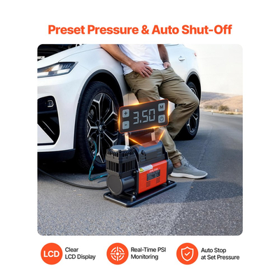 Αεροσυμπιεστής βαρέως τύπου VEVOR 12V, φορητός φουσκωτής ελαστικών με αυτόματη διακοπή λειτουργίας και ψηφιακή οθόνη LCD, αντλία αέρα εκτός δρόμου 202 L/Min 150PSI με προσαρμογείς για φορτηγά, αυτοκίνητα, SUV, 4 x 4, οχήματα RV
