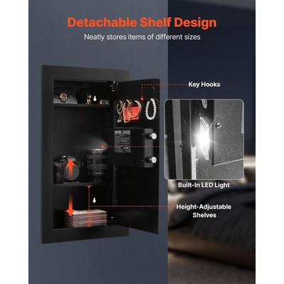 Χρηματοκιβώτιο τοίχου VEVOR, κρυφό χρηματοκιβώτιο τοίχου 3 επιπέδων με κωδικό πρόσβασης και κλειδί, κουτί τοίχου Q235 ψυχρής έλασης από χάλυβα με φωτισμό LED, 2 ρυθμιζόμενα ράφια και 5 θήκες κλειδιών για χρήματα, κοσμήματα, διαβατήριο, μαύρο