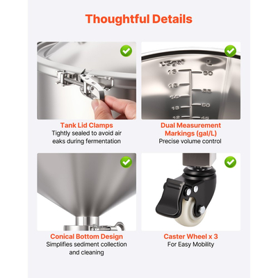 Κωνικός ζυμωτήρας VEVOR από ανοξείδωτο χάλυβα, δεξαμενή ζύμωσης οικιακής ζυθοποίησης 16 γαλονιών/60 λίτρων, ζυμωτήρας κάδου ζυθοποίησης με κωνικό πάτο, 3 τροχούς, καπάκι, λαβή και θερμόμετρο, για ζύμωση κρασιού και μπύρας