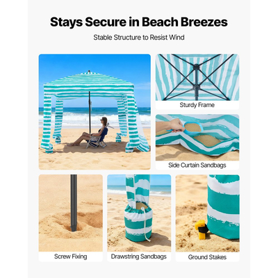 VEVOR Καμπάνα Παραλίας, Τέντα Παραλίας 1,83 x 1,83 μ. με Πλευρικό Τοίχωμα, Προστασία UPF 50+, Εύκολη Εγκατάσταση Σκηνής Καμπάνα με Θήκες Άμμου, Φορητή Ομπρέλα Σκίασης για Όλη την Οικογένεια, Πράσινες Ρίγες