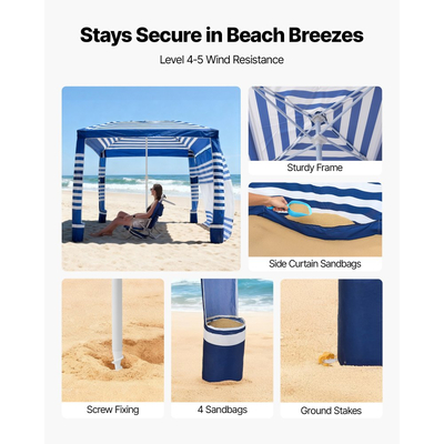 VEVOR Καμπάνα Παραλίας, Σκηνή Παραλίας 2,4 x 2,4 μ. με Πλευρικό Τοίχωμα, Προστασία UPF 50+, Εύκολη Εγκατάσταση Σκηνής Καμπάνα με Θήκες Άμμου, Ρυθμιζόμενο Ύψος, Φορητή Ομπρέλα Σκίασης για Οικογένεια, Ρίγες Μπλε