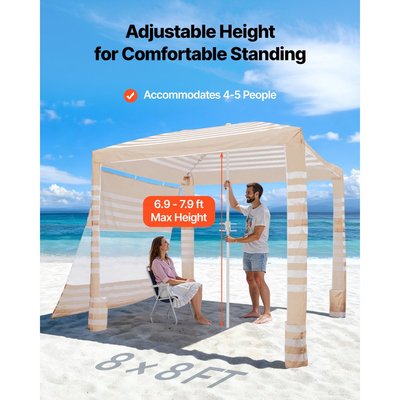 VEVOR Καμπάνα Παραλίας, Σκηνή Παραλίας 2,4 x 2,4 μ. με Πλευρικό Τοίχωμα, Προστασία UPF 50+, Εύκολη Εγκατάσταση Σκηνής Καμπάνα με Θήκες Άμμου, Ρυθμιζόμενο Ύψος, Φορητή Ομπρέλα Σκίασης για Όλη την Οικογένεια