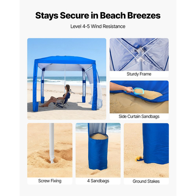 VEVOR Καμπάνα Παραλίας, Σκηνή Παραλίας 2,4 x 2,4 μ. με Πλευρικό Τοίχωμα, Προστασία UPF 50+, Εύκολη Εγκατάσταση Σκηνής Καμπάνα με Θήκες Άμμου, Ρυθμιζόμενο Ύψος, Φορητή Ομπρέλα Σκίασης για Οικογένειες και Φίλους, Μπλε