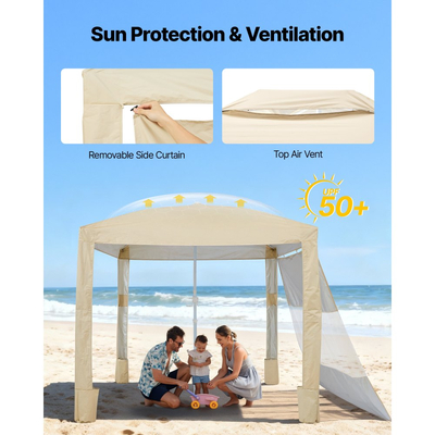 VEVOR Καμπάνα Παραλίας, Σκηνή Παραλίας 2,4 x 2,4 μ. με Πλευρικό Τοίχωμα, Προστασία UPF 50+, Εύκολη Εγκατάσταση Σκηνής Καμπάνα με Θήκες Άμμου, Ρυθμιζόμενο Ύψος, Φορητή Ομπρέλα Σκίασης για Οικογενειακούς Φίλους, Χακί