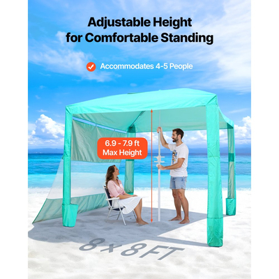 VEVOR Καμπάνα Παραλίας, Σκηνή Παραλίας 2,4 x 2,4 μ. με Πλευρικό Τοίχωμα, Προστασία UPF 50+, Εύκολη Εγκατάσταση Σκηνής Καμπάνα με Θήκες Άμμου, Ρυθμιζόμενο Ύψος, Φορητή Ομπρέλα Σκίασης για Οικογενειακούς Φίλους, Πράσινη