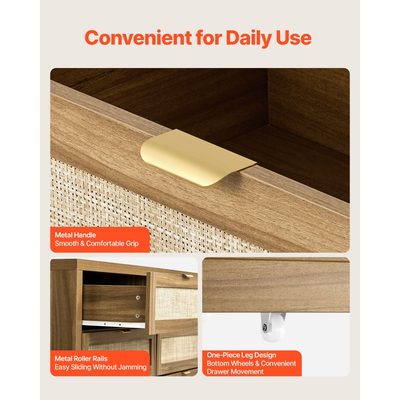 VEVOR Συρταριέρα με 6 συρτάρια από ρατάν, Διπλή συρταριέρα για υπνοδωμάτιο, Συρταριέρα από φυσικό ρατάν με μεταλλική λαβή, Μοντέρνα ξύλινη συρταριέρα οργάνωσης ρούχων και αποθήκευσης για υπνοδωμάτιο, σαλόνι, διάδρομο, καρυδιά