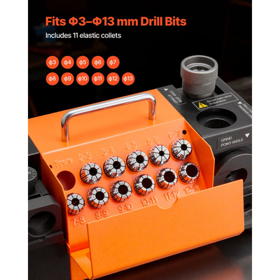 Ακονιστήρι τρυπανιών VEVOR MR-13D, Επαγγελματικός τροχός τρυπανιού 3–13 mm με ρυθμιζόμενη γωνία ανακούφισης χείλους, μπροστινό χείλος κοπής και γωνία αιχμής 95°-135°, επανακονιστήρι 4600RPM με 11 δακτυλίους και τροχό CBN