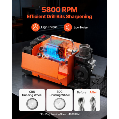 Ακονιστήρι τρυπανιών VEVOR MR-13B, Ακονιστήρι τρυπανιού 3-15mm με ρυθμιζόμενη γωνία ανακούφισης χείλους και γωνία αιχμής 95°-135°, Ακονιστήρι υψηλής ταχύτητας 4600RPM με 13 δακτυλίους, τροχούς CBN και SDC