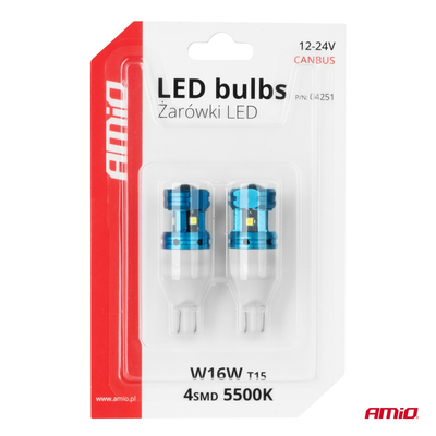 Amio - Λάμπες LED CANBUS T15 (W16W) 4SMD 1860XS Λευκή 6000K 12V/24V για Φώτα Όπισθεν, Πινακίδας & Χώρου Αποσκευών - 2τεμ. (04251/AM)