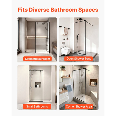 Σταθερό γυάλινο πάνελ ντους VEVOR, σταθερό συρτάρι ντους πλήρους πλαισίου 864 x 1870 mm, διαφανής γυάλινη πόρτα πάχους 8 mm με ταινία στεγανοποίησης στο κάτω μέρος και εξαρτήματα, εύκολο στον καθαρισμό, για μπάνιο, ματ μαύρο