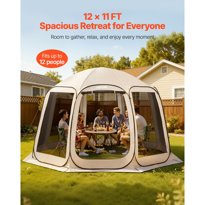 Σκηνή VEVOR με Σίτες, 3660 x 3380 x 2300 mm, Σκηνή με Αναδυόμενο Σίτες για 10-12 Άτομα, Φορητή με Σίτες σε Τέντα με Τσάντα Μεταφοράς, Διχτυωτά Πλαϊνά, Πασσάλους Εδάφους, για Κήπο, Βεράντα, Υπαίθριες Δραστηριότητες, Μπεζ