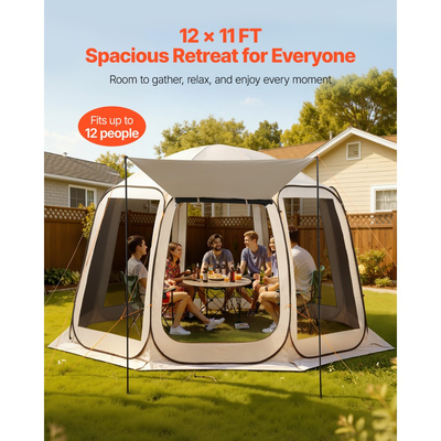 Σκηνή VEVOR με Σίτες, 3660 x 3380 x 2300 mm, Σκηνή με Αναδυόμενο Σίτες 10-12 Ατόμων με Εκτεταμένη Τέντα, Φορητή με Σίτες σε Στέγαστρο με Τσάντα Μεταφοράς, Διχτυωτά Πλαϊνά, για Βεράντα, Υπαίθριες Δραστηριότητες, Μπεζ