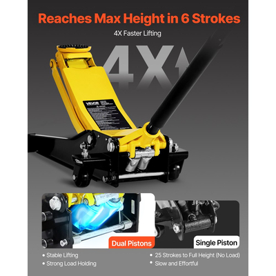 Γρύλος δαπέδου χαμηλού προφίλ VEVOR, μέγιστη χωρητικότητα 2 τόνων, ατσάλινος αγωνιστικός γρύλος δαπέδου με αντλία γρήγορης ανύψωσης διπλών εμβόλων, υδραυλικός ανυψωτήρας καροτσιού βαρέως τύπου για σπορ αυτοκίνητα και σεντάν, εύρος ανύψωσης 75-505 mm