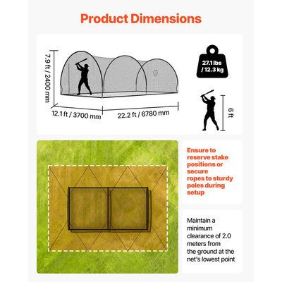 Κλουβί μπέιζμπολ VEVOR, Φορητό κλουβί μπέιζμπολ 6780 x 3700 x 2400 mm, Κλουβιά χτυπήματος με 4-στρωματικό πολυεστέρα χωρίς κόμπους και άνοιγμα μηχανής ρίψης, Κλουβιά μπέιζμπολ με δίχτυ για εσωτερικούς και εξωτερικούς χώρους